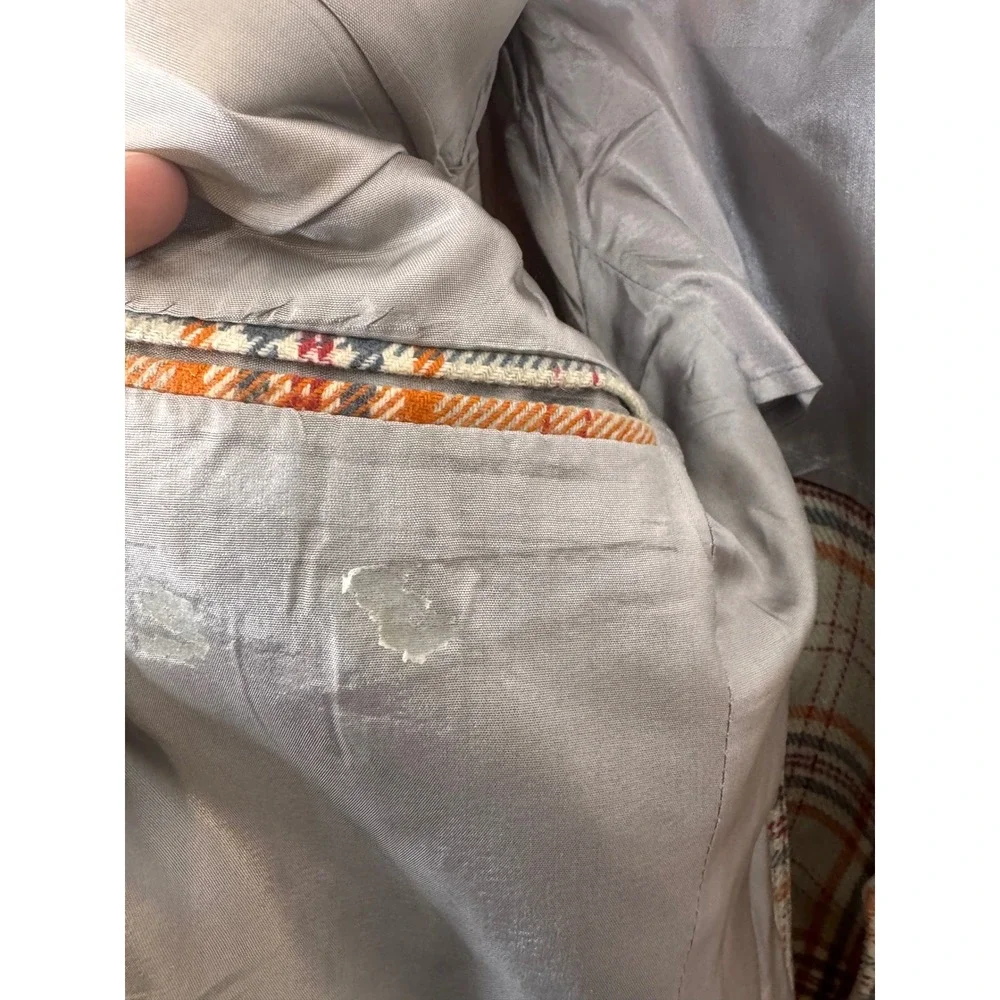 Vintage Plaid Blazer Jacket Orange Grey Beige Check Two Button Sport Coat 38 70s